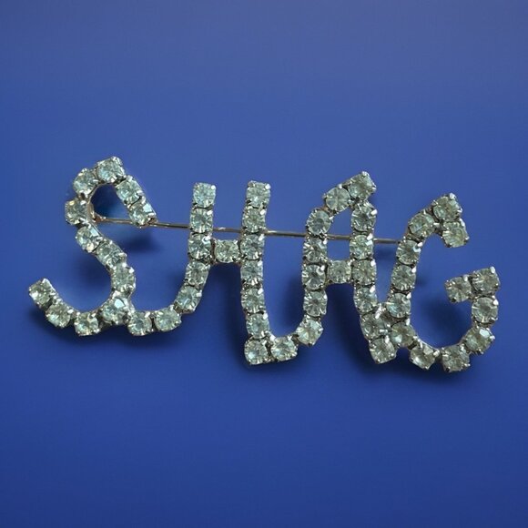Vintage SHAG Rhinestone Spell Out Pin Brooch Oddity